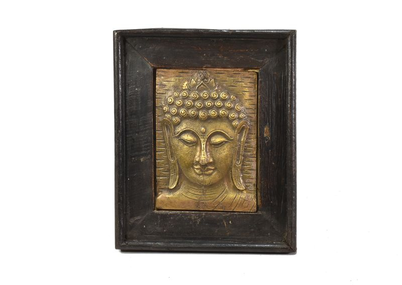 Sanu Babu Obraz recyklovaného teakového dřeva, relief Buddhy z tepaného kovu, 24x4x30cm