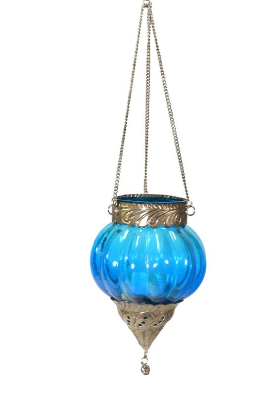 Sanu Babu Závěsný skleněný svícen, tmavě modrý, kovové zdobení, 12x14cm