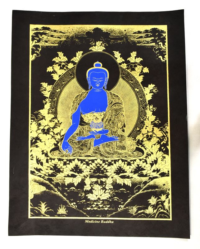 Sanu Babu Buddha léčitel, "Medicine Buddha", zlatý tisk na ručním černém papíru, 47x36cm
