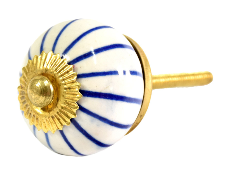 Sanu Babu Malovaná porcelánová úchytka na šuplík, bílá s modrými proužky, průměr 3,7cm