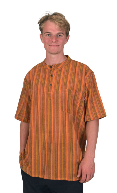 Sanu Babu Pruhovaná pánská košile-kurta s krátkým rukávem a kapsičkou, oranživá XXL