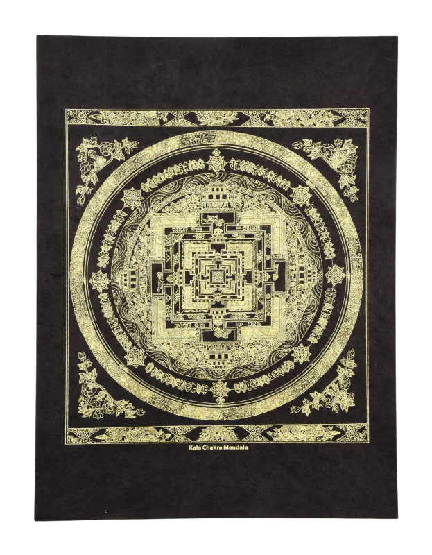 Sanu Babu Kalačakra mandala, zlatý tisk na černém papíru, 47x36cm