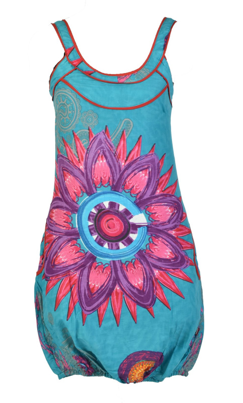 Sanu Babu Tyrkysové balonové šaty bez rukávu "Mandala design", kapsy S