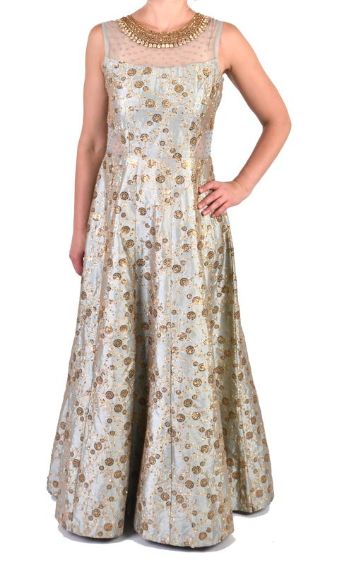 Sanu Babu Luxusní indické šaty "Anarkali", modro stříbrné, zlaté flitry, šál M/L