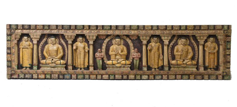 Sanu Babu Vyřezávaný panel 5 Buddhů, malovaný antik, 212x7x52cm