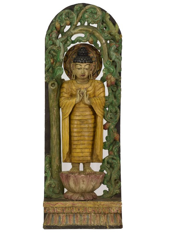 Sanu Babu Dřevěná socha Buddha z jižní Indie, rain tree wood, 38x10x108cm
