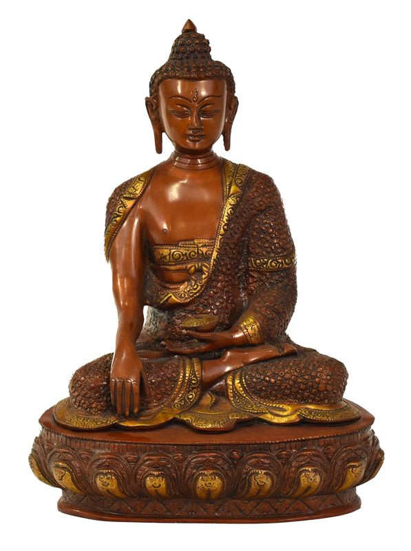 Sanu Babu Buddha Šakjamuni, mosazná soška, měděná patina, 30x23x39cm