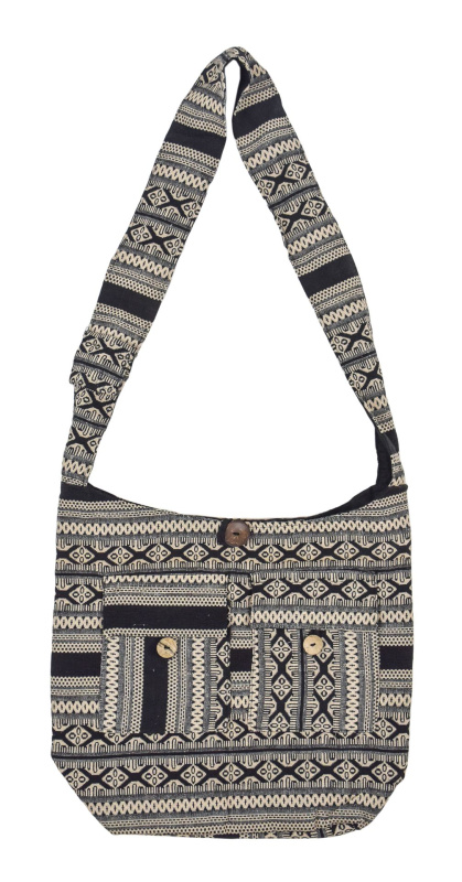 Sanu Babu Taška přes rameno černo-béžová s Azteckým vzorem na zip 40x36cm, 2 přední kapsy