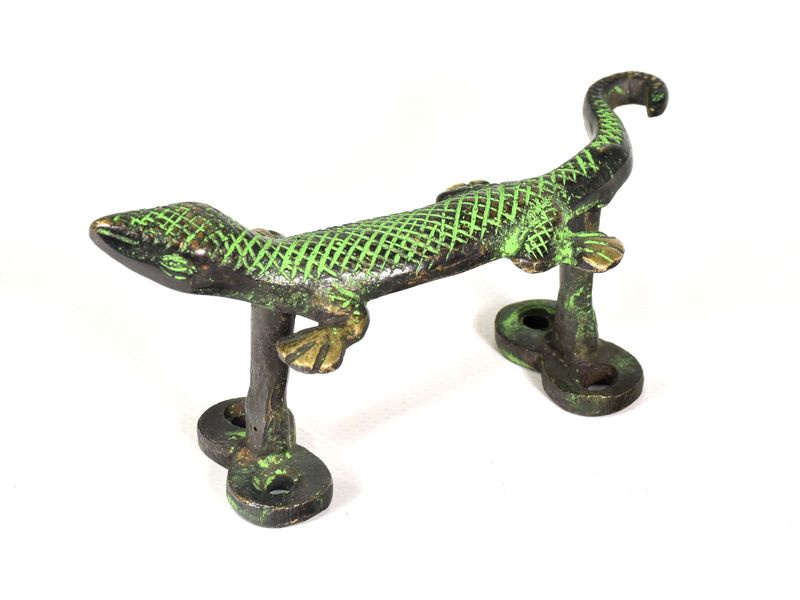 Sanu Babu Dveřní madlo ještěrka, zelená patina, mosaz, 14cm (0D)