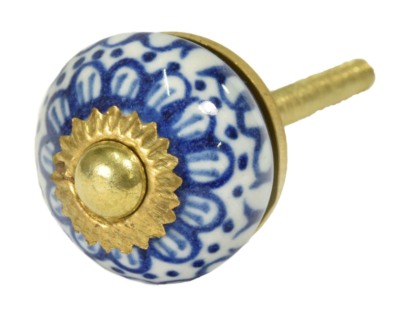 Sanu Babu Malovaná porcelánová úchytka na šuplík, bílá, modře malovaný dekor, průměr 2,7cm