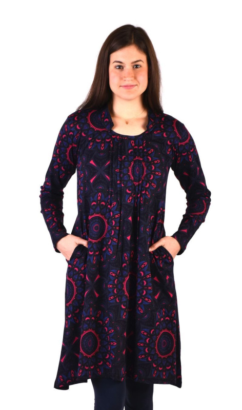 Sanu Babu Šaty s dlouhým rukávem, sklady na prsou, tmavě šedé s modro-růžovým potiskem L/XL , Šedá