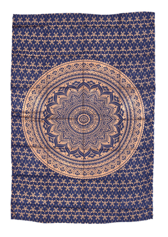 Sanu Babu Přehoz s tiskem, modrý, zlatý tisk, Mandala, 204x140cm