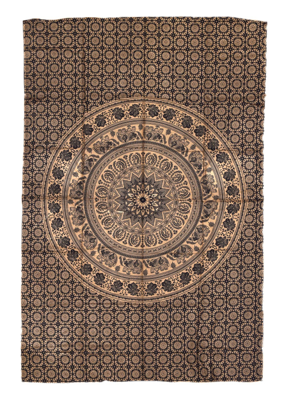 Sanu Babu Přehoz s tiskem, černý, zlatý tisk, Mandala, 205x137cm