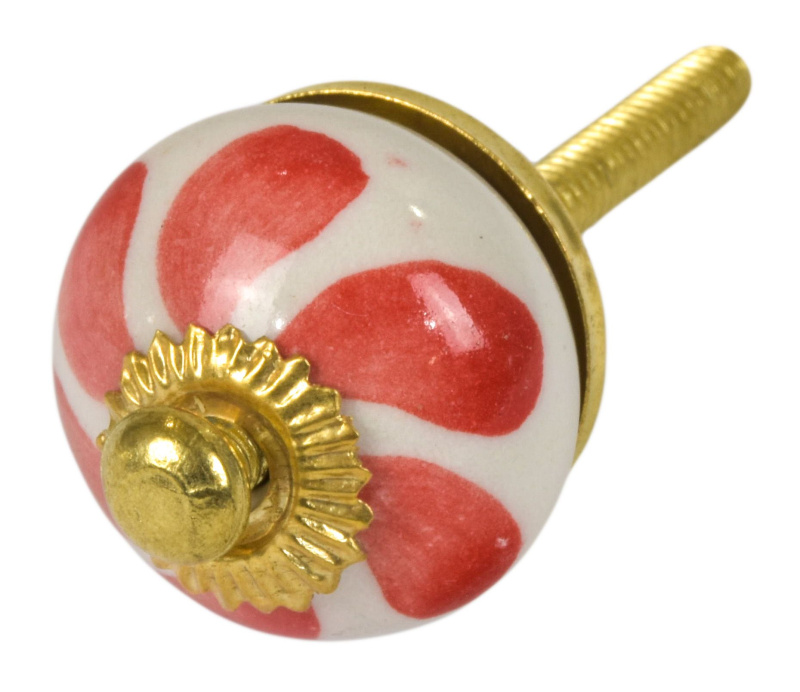 Sanu Babu Malovaná porcelánová úchytka na šuplík, bílá, červené lístky, průměr 2,7 cm