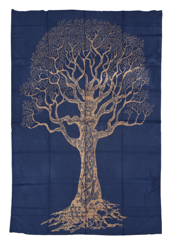 Sanu Babu Přehoz s tiskem, modrý, zlatý tisk strom života, 136x205cm