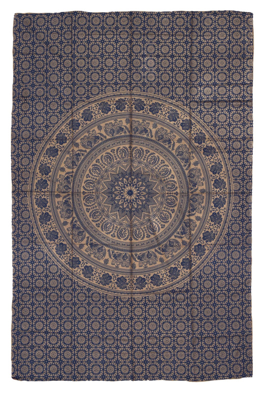 Sanu Babu Přehoz s tiskem, modrý, zlatý tisk, Mandala a sloni 140x202cm