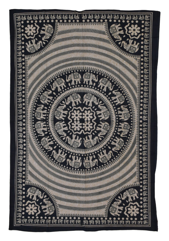 Sanu Babu Přehoz s tiskem, Mandala, sloni, béžový, černý tisk, 202x140cm