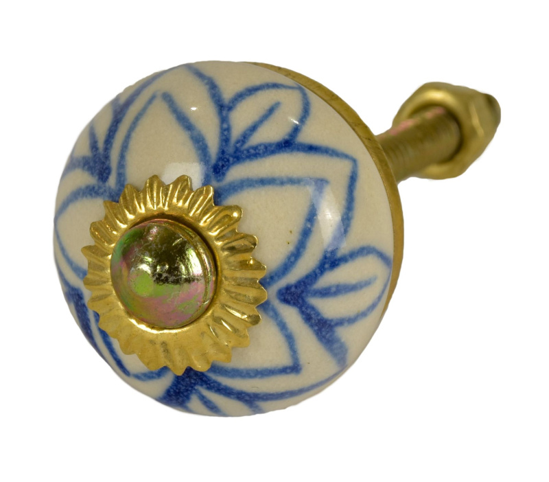 Sanu Babu Malovaná porcelánová úchytka na šuplík, bílá, modrá květina, průměr 2,8 cm