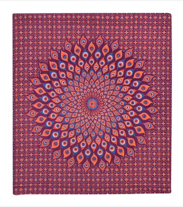 Sanu Babu Přehoz na postel, pestrobarevná paví mandala, 230x202cm, vínovo-oranžový