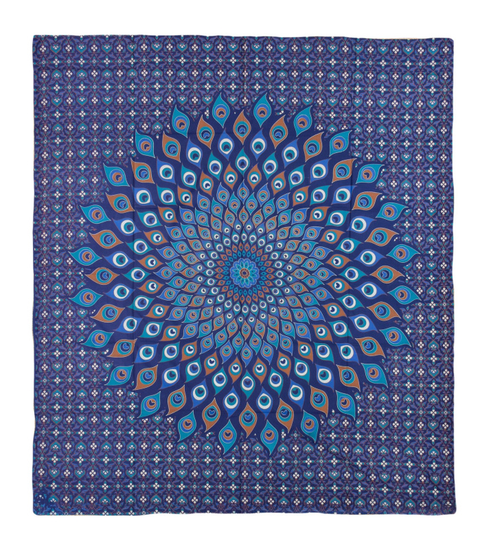Sanu Babu Přehoz na postel, pestrobarevná paví mandala, 230x202cm, modro-tyrkysová