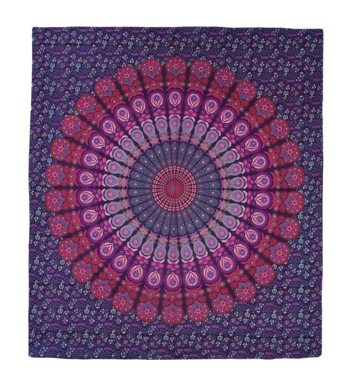 Sanu Babu Přehoz na postel, barevná paví mandala, 230x202cm, fialovo-růžový