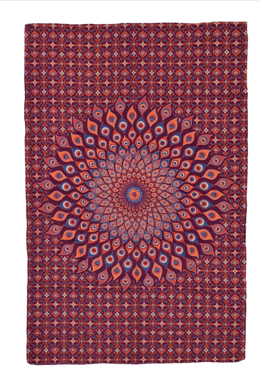Sanu Babu Přehoz na postel, vínovo-oranžový, Mandala paví pera 200x130cm