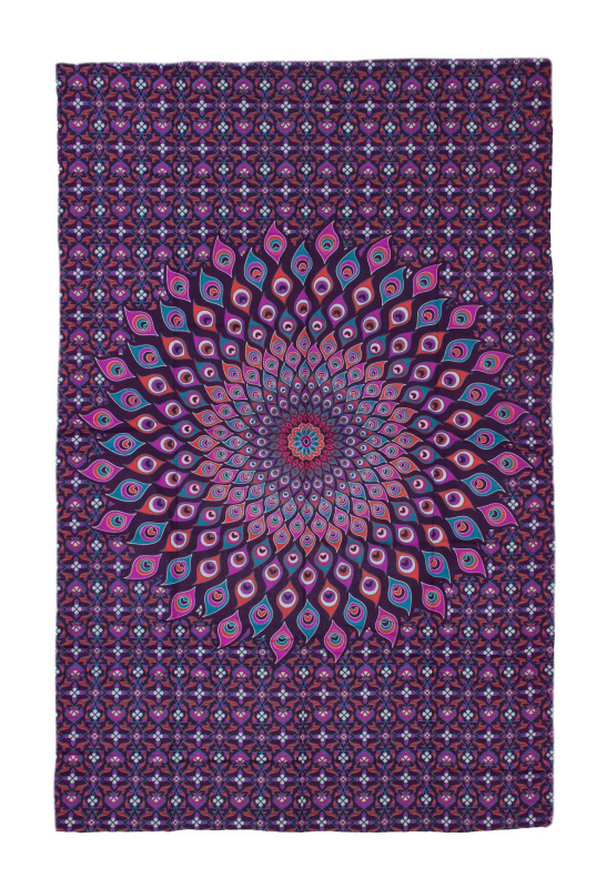 Sanu Babu Přehoz na postel růžovo-fialový s Mandalou z pavích per 200x130cm