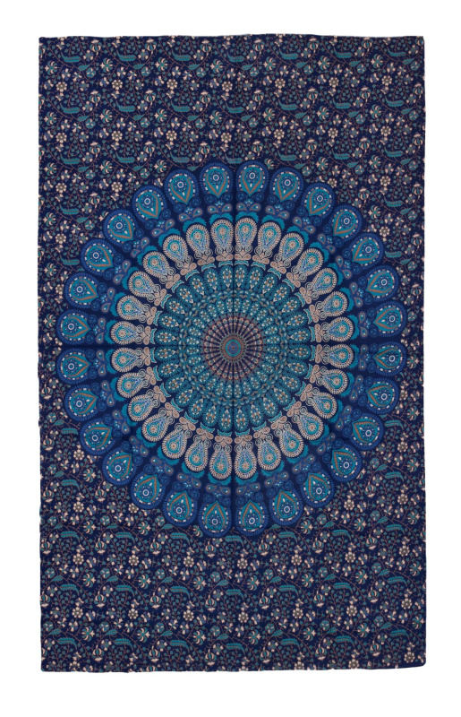 Sanu Babu Přehoz na postel modro-zelený "Barmery round Mandala" paví pera, 130x210cm