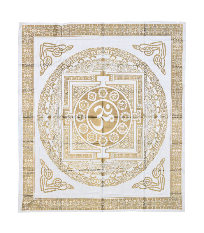 Sanu Babu Přehoz s tiskem, Om mandala, bílo-zlatý, 230x212 cm