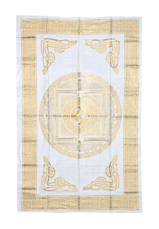 Sanu Babu Přehoz s tiskem, bílý, zlatý tisk, Om mandala, 206x136cm
