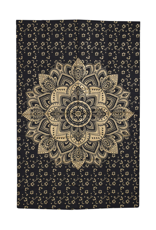 Sanu Babu Přehoz s tiskem, černý, zlatý tisk, Mandala, 136x204cm