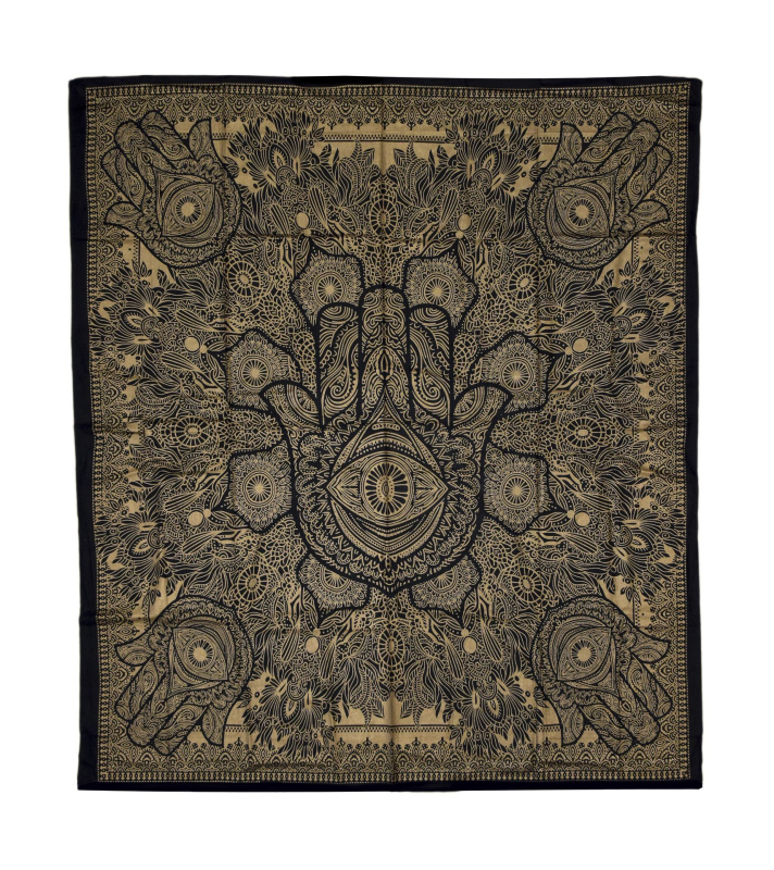 Sanu Babu Přehoz s tiskem, ruka Fatimy, černo-zlatý, 230x210 cm
