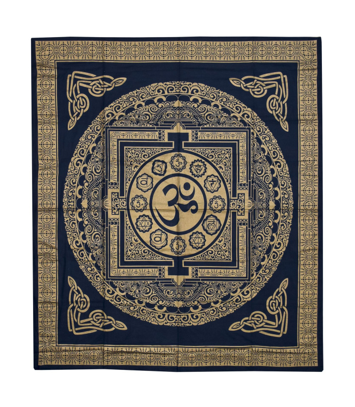 Sanu Babu Přehoz s tiskem, Om mandala, modro-zlatý, 230x212 cm