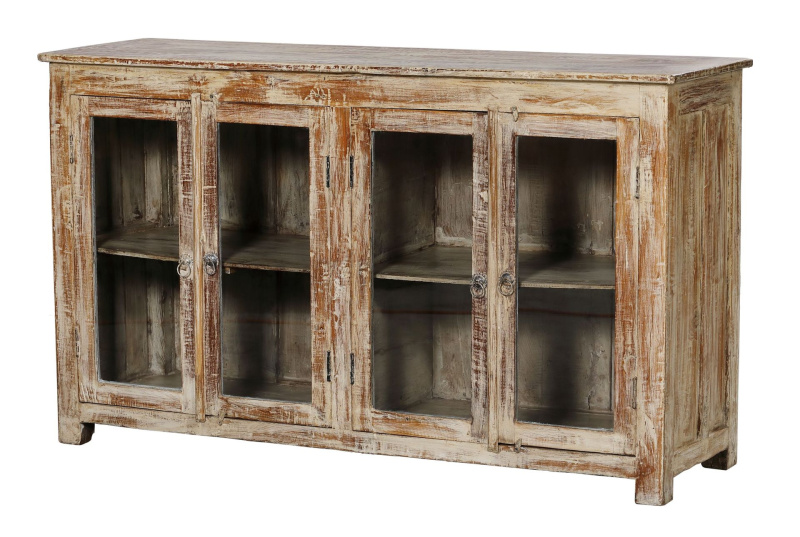 Sanu Babu Prosklená skříňka z teakového dřeva, bílá patina, 152x46x90cm