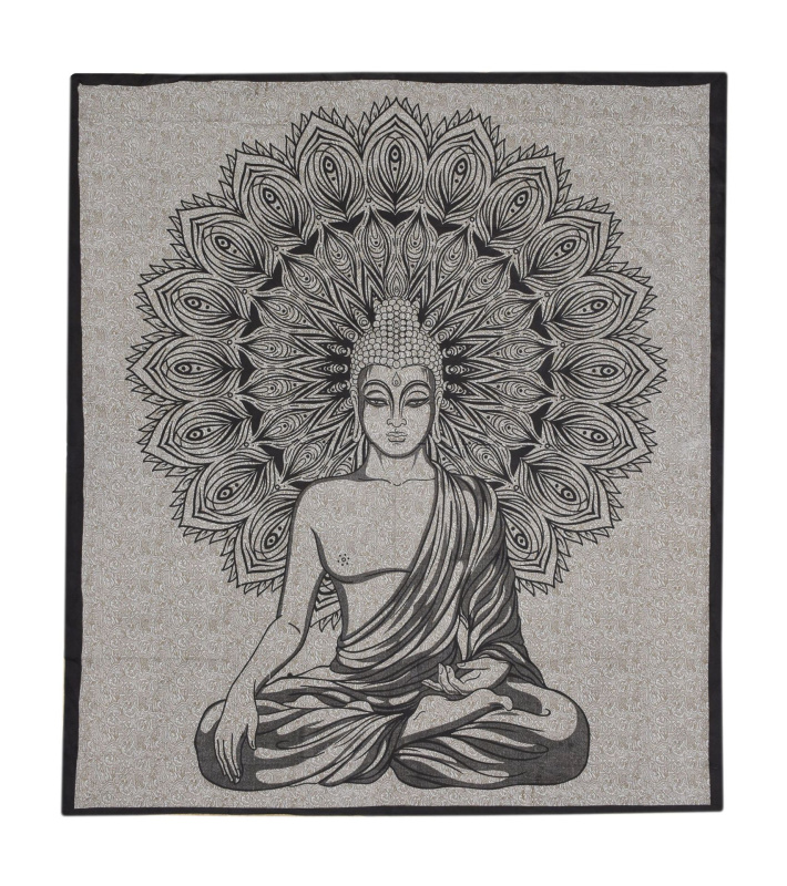 Sanu Babu Přehoz s tiskem, Buddha, hnědo-béžový podklad, černý tisk, 210x202cm