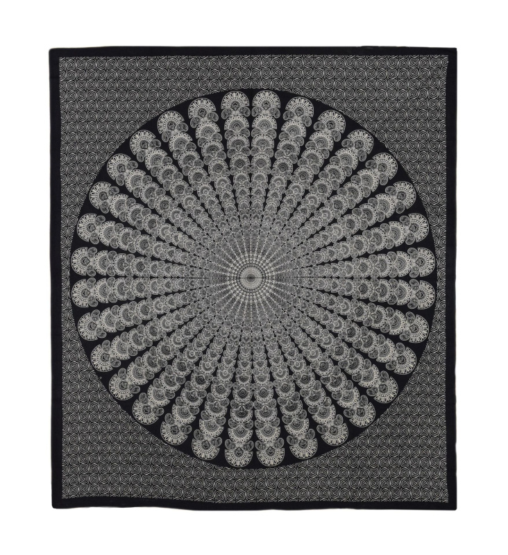 Sanu Babu Přehoz na postel, černo-bílý, paví Mandala, 206x230cm