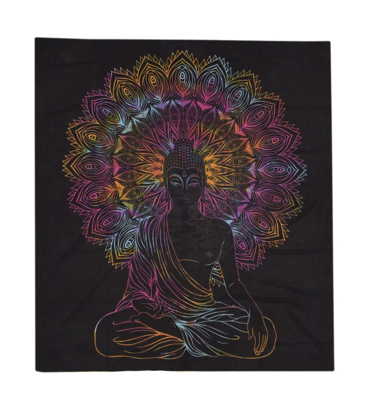 Sanu Babu Přehoz na postel, Buddha, batika, černý tisk, 210x200cm (4F)