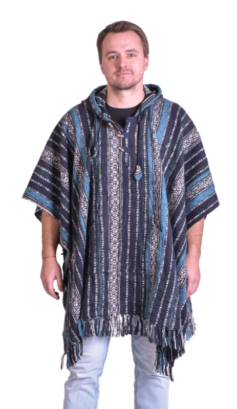 Sanu Babu Tibetské pončo z česané bavlny, kapsy, kapuca, tmavě modrá FREE