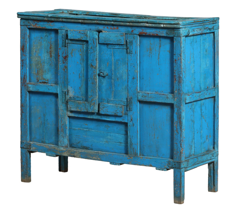 Sanu Babu Starožitná skříň z teakového dřeva, tyrkysová patina, 114x44x103cm