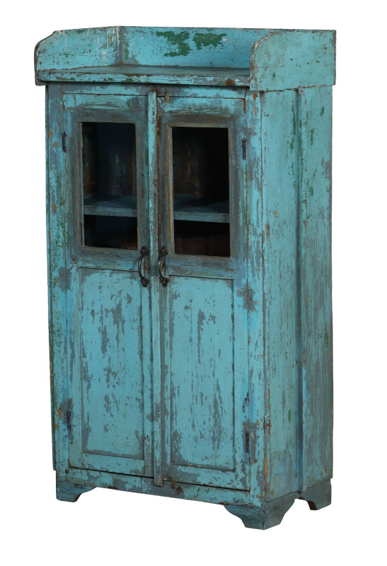 Sanu Babu Prosklená skříňka z teakového dřeva, tyrkysová patina, 73x41x131cm