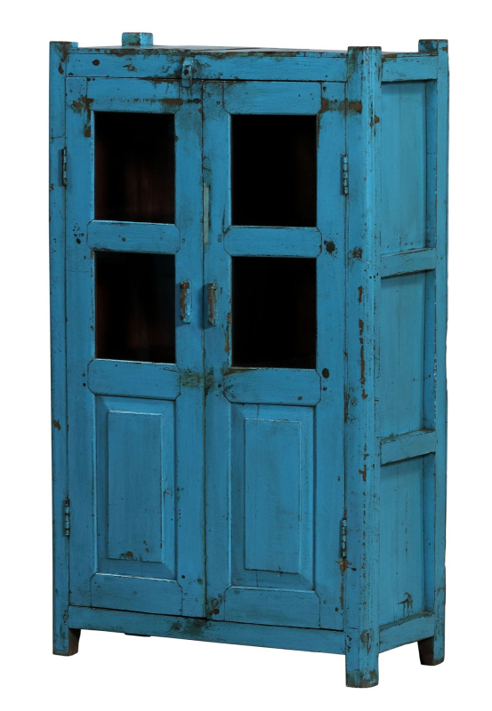 Sanu Babu Prosklená skříňka z teakového dřeva, tyrkysová patina, 77x39x133cm