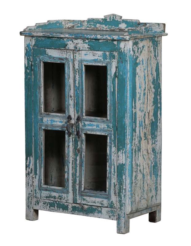 Sanu Babu Prosklená skříňka z teakového dřeva, tyrkysová patina, 64x39x106cm