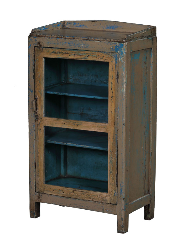 Sanu Babu Prosklená skříňka z teakového dřeva, šedá patina, 53x31x95cm