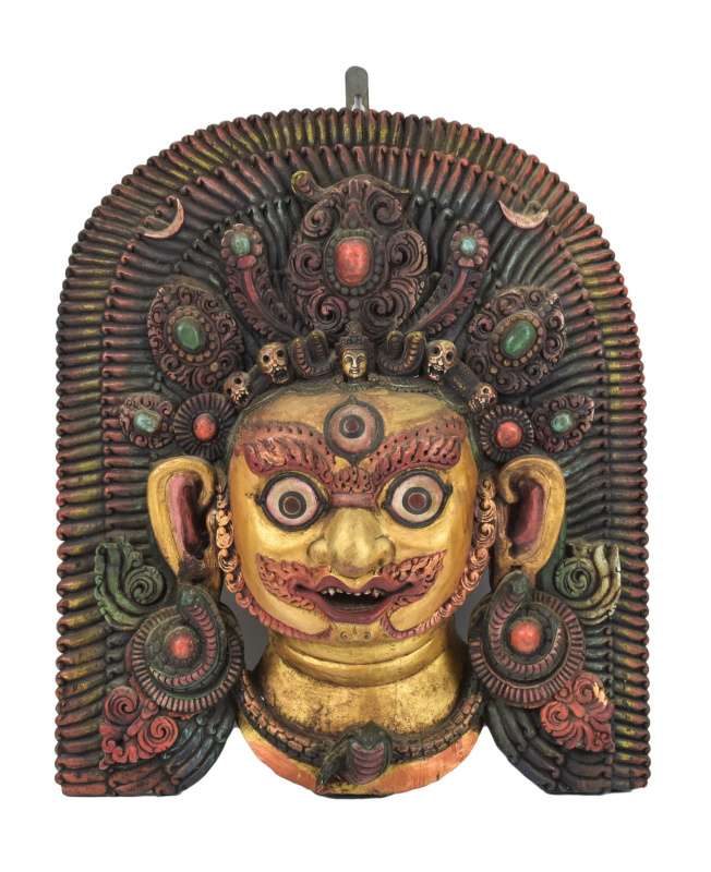 Sanu Babu Dřevěná maska, Bhairab, antik, ručně malovaná, 42x12x44cm