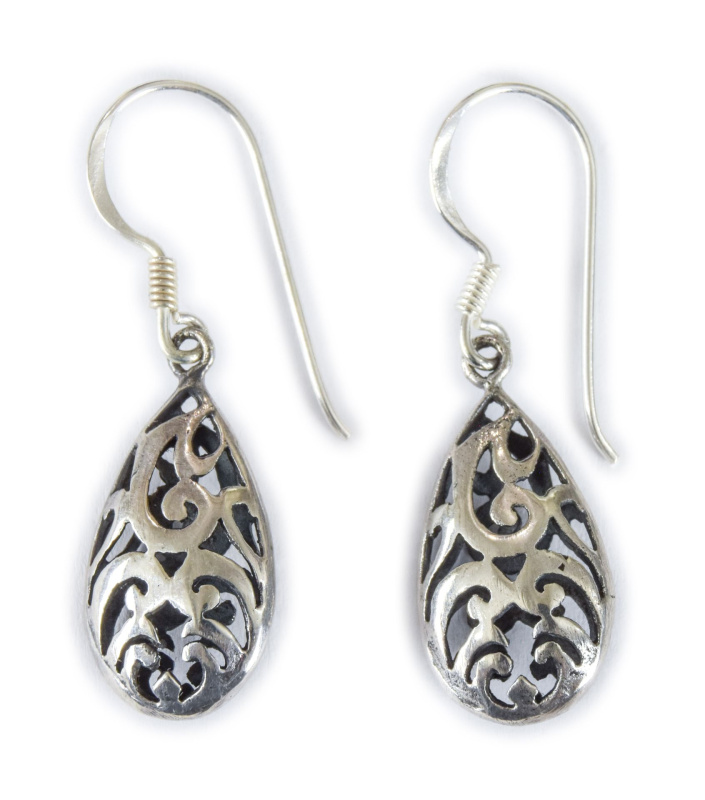 Sanu Babu Stříbrné náušnice ve tvaru kapky, ornamenty, AG 925/1000, 4g, Nepál (3C) Stříbrná