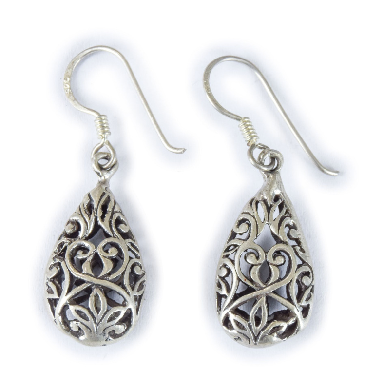 Sanu Babu Stříbrné náušnice ve tvaru kapky, ornamenty, AG 925/1000, 4g, Nepál (3D) Stříbrná