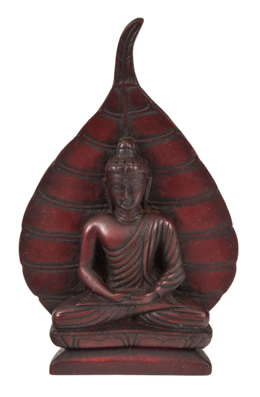 Sanu Babu Meditující Buddha s listem stromu Bódhi, tmavě červený, 15cm