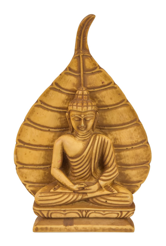 Sanu Babu Meditující Buddha s listem stromu Bódhi, okrový, 15cm