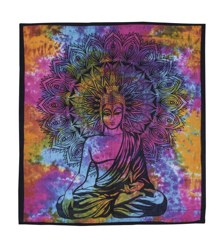 Sanu Babu Přehoz na postel, Buddha, batika, černý tisk, 210x200cm (4G)