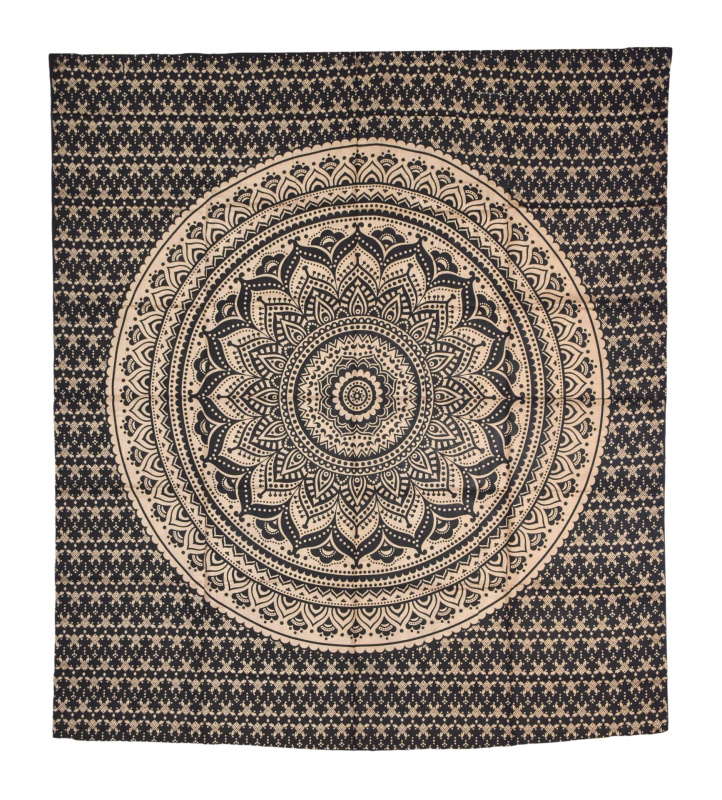 Sanu Babu Přehoz s tiskem, Mandala, černo-zlatý, 230x200 cm